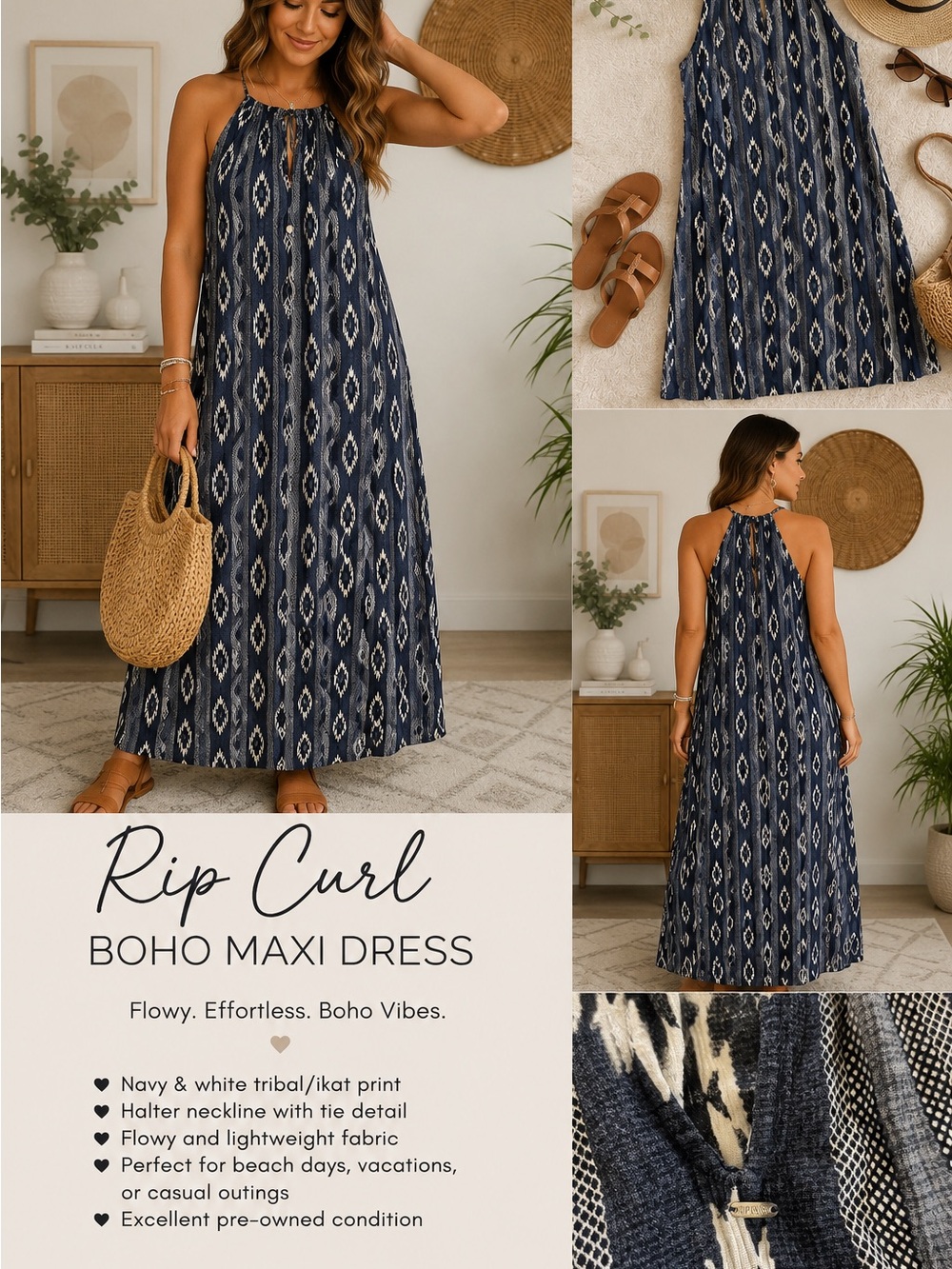 Rip Curl Navy & White Halter Boho Maxi Dress